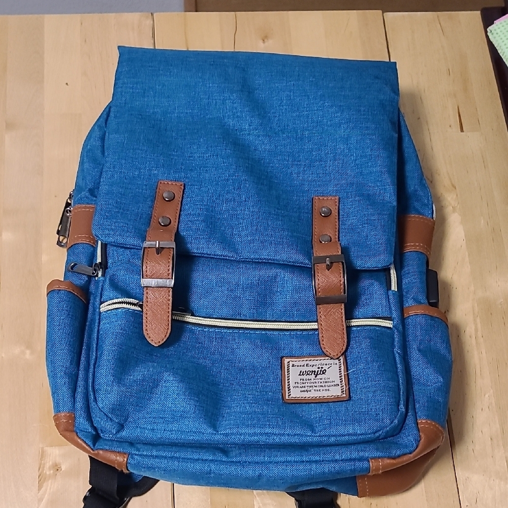 Retro Blue and Brown Backpack with Leather Accents